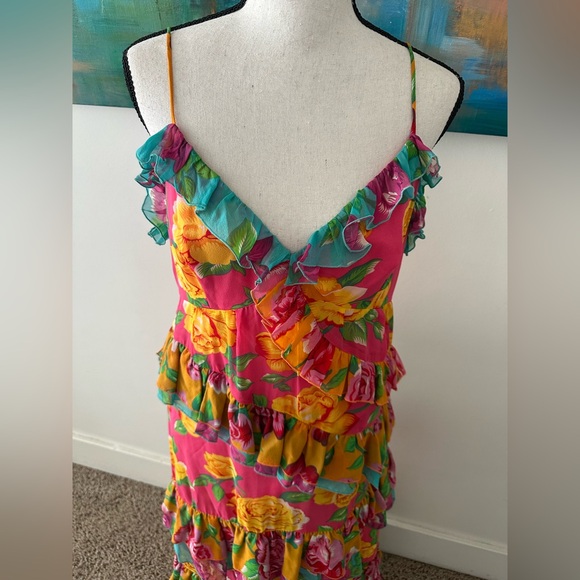 Betsey Johnson NWT Rare Vintage Silk Pink Yellow Roses Tiered Ruffle Maxi Dress - Picture 4 of 14